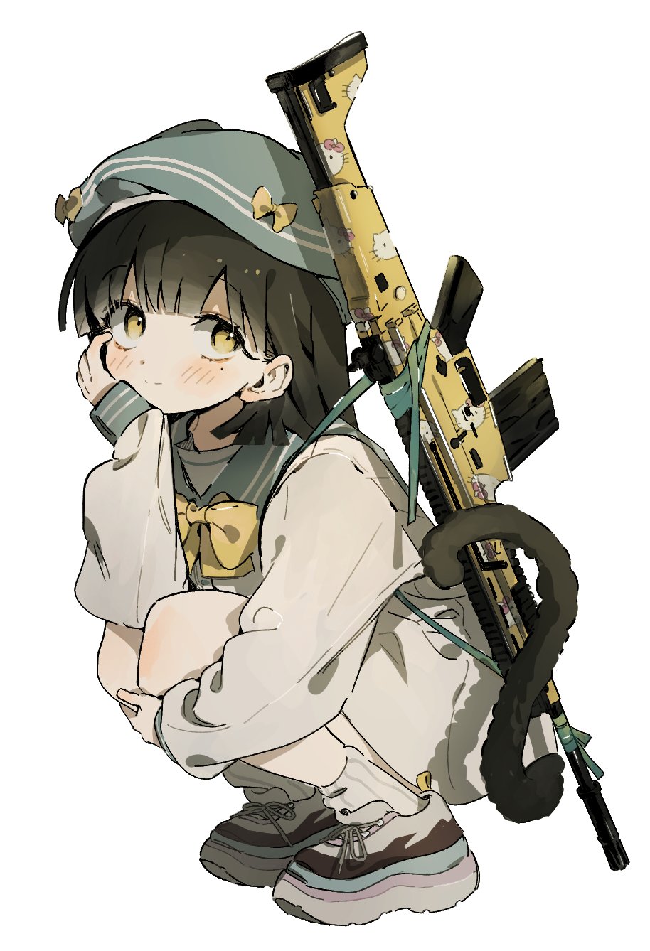 1girl adaptive_combat_rifle assault_rifle black_hair black_tail blue_headwear blue_sailor_collar blush bow bowtie cat_tail closed_mouth dress full_body gun hat hat_bow head_rest highres long_sleeves looking_at_viewer medium_hair mole mole_under_eye mormormorp original rifle sailor_collar sailor_dress shoes simple_background smile sneakers socks solo squatting tail weapon white_background white_dress white_socks yellow_bow yellow_bowtie yellow_eyes