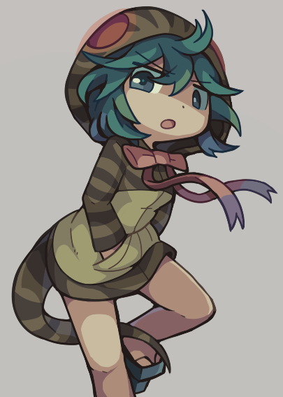 1girl aqua_hair bow geta grey_eyes hands_in_pockets hood hoodie kemono_friends long_sleeves neonraizu open_mouth red_bow shaded_face short_hair simple_background snake_print snake_tail solo striped striped_hoodie striped_tail tail tsuchinoko_(kemono_friends)