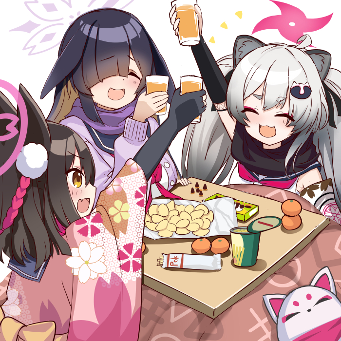 3girls :d ^_^ animal_ear_fluff animal_ears arm_up black_gloves black_hair black_scarf blue_archive blunt_bangs chips_(food) closed_eyes colored_inner_hair cup drinking_glass elbow_pads eyeshadow fingerless_gloves food fox_ears fox_girl fruit gloves gradient_hair grey_hair hadanugi_dousa hair_between_eyes hair_ornament hair_over_one_eye halo holding holding_cup izuna_(blue_archive) japanese_clothes kotatsu long_hair long_sleeves looking_at_another makeup mandarin_orange michiru_(blue_archive) multicolored_hair multiple_girls ninja o_(rakkasei) one_side_up orange_juice package parted_bangs pocky pom_pom_(clothes) pom_pom_hair_ornament potato_chips purple_scarf rabbit_ears rabbit_girl raccoon_ears raccoon_girl raccoon_hair_ornament scarf school_uniform serafuku sidelocks simple_background sleeveless smile table thick_eyebrows tsukuyo_(blue_archive) twintails two-tone_hair white_background yellow_eyes