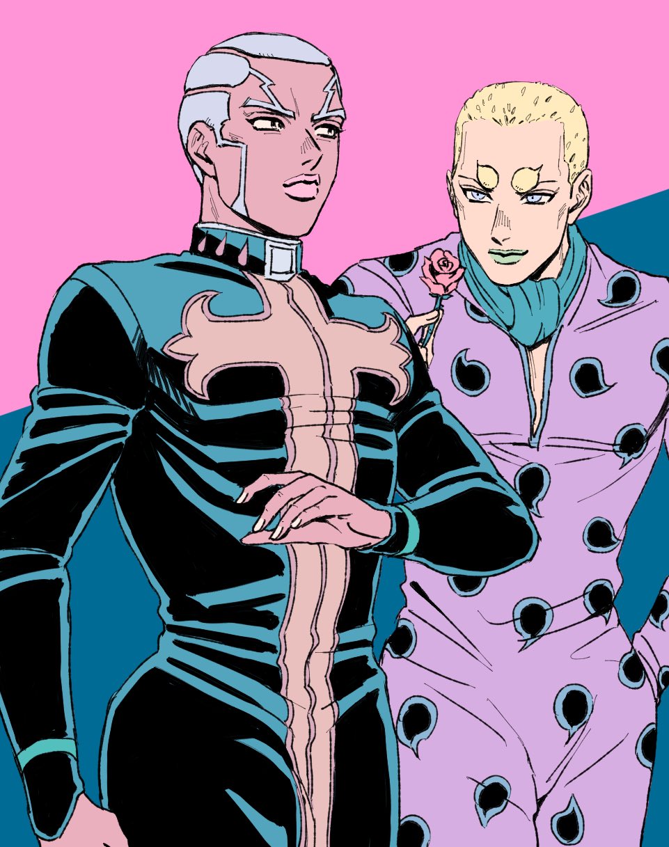 2boys blonde_hair blue_eyes commentary_request dark-skinned_male dark_skin enrico_pucci green_lips grey_hair hage_tashuumi hand_in_pocket highres holding holding_rope jojo_no_kimyou_na_bouken long_sideburns male_focus multiple_boys pink_lips priest rope short_hair sideburns sports_max stone_ocean thick_eyebrows very_short_hair