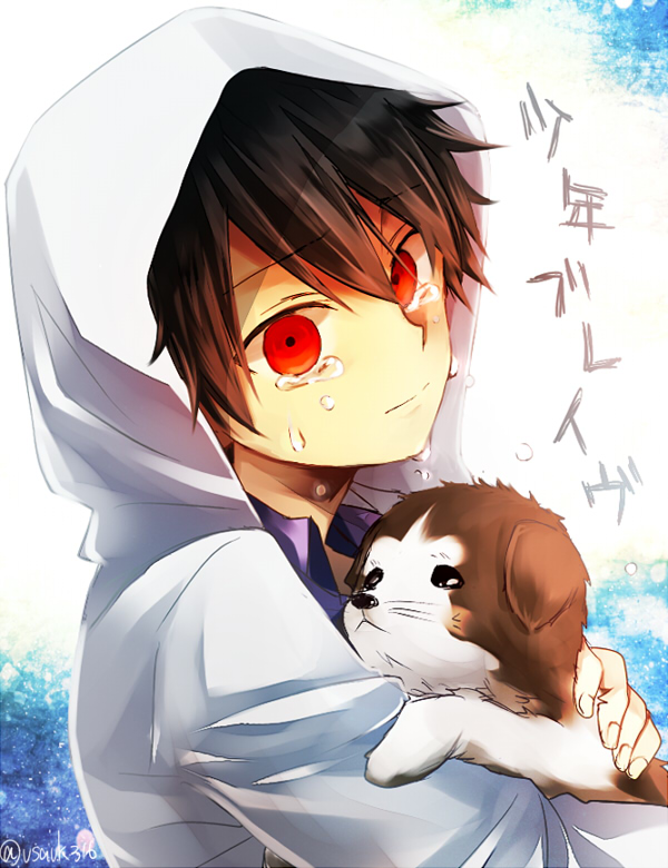 1boy aged_down animal animal_hug black_eyes black_hair blue_background brown_fur closed_mouth collared_shirt crying crying_with_eyes_open dog fingernails hair_between_eyes holding holding_animal hood hood_up hoodie kagerou_project long_sleeves looking_at_viewer mekakucity_actors purple_shirt red_eyes seto_kousuke shirt short_hair shounen_brave_(vocaloid) solo song_name tears twitter_username two-tone_fur usm_(kk316) white_background white_fur white_hoodie
