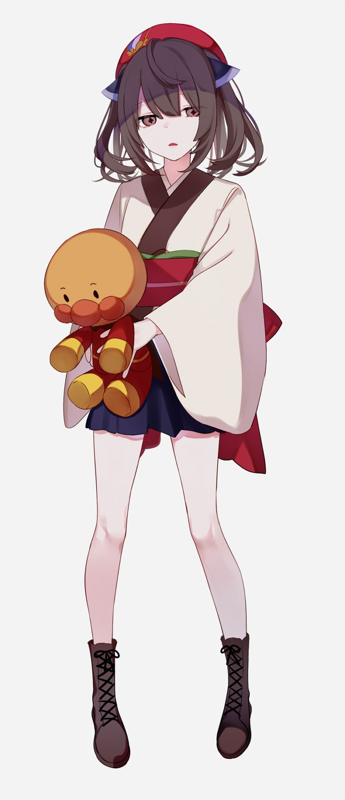 1girl anpanman anpanman_(character) beret blade blue_skirt boots bow brown_footwear brown_hair character_doll commentary_request cross-laced_footwear doll expressionless full_body half-closed_eyes hat headgear highres holding holding_doll japanese_clothes kimono looking_at_viewer obi obijime open_mouth pleated_skirt red_bow red_eyes red_headwear sash short_kimono skirt solo standing star-shaped_pupils star_(symbol) symbol-shaped_pupils touhoku_kiritan twintails voiceroid waist_bow white_kimono yodare_(3yami8)