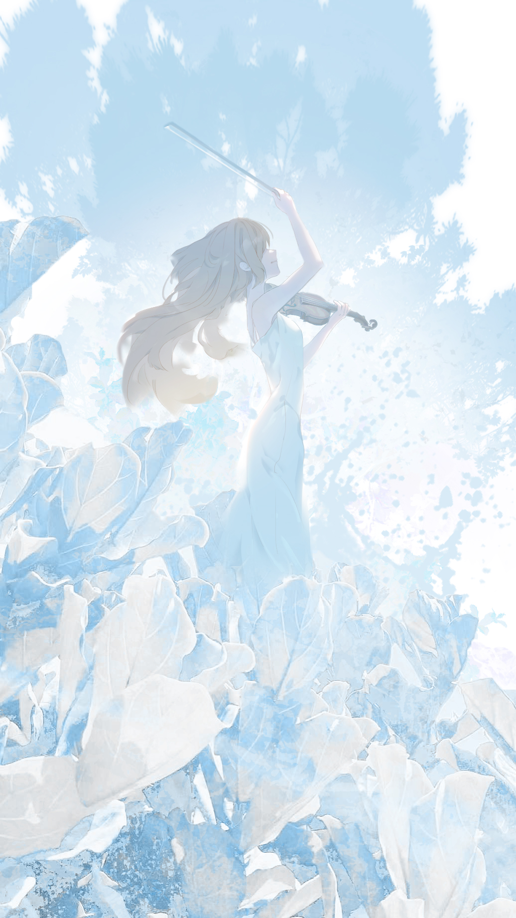 1girl arm_up blonde_hair bow_(music) breasts closed_mouth dress hair_over_eyes highres holding holding_bow_(music) holding_instrument ice_(805482263) instrument long_hair miyazono_kawori plant profile shigatsu_wa_kimi_no_uso small_breasts solo standing strapless strapless_dress violin white_dress white_sky