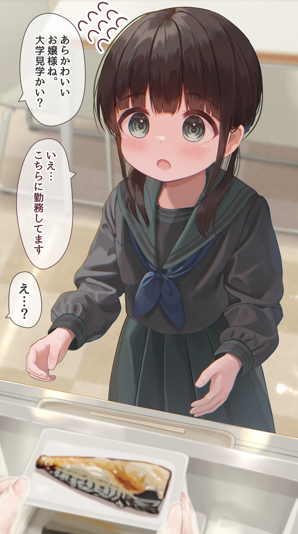 1girl 1other :o black_shirt blue_neckerchief blurry blurry_background blush brown_hair chopsticks commentary_request depth_of_field fish flying_sweatdrops green_eyes green_sailor_collar green_skirt hair_over_shoulder highres holding indoors long_hair long_sleeves low_twintails mimikaki_(men_bow) neckerchief open_mouth original pleated_skirt puffy_long_sleeves puffy_sleeves sailor_collar school_uniform serafuku shirt sidelocks skirt solo_focus standing translation_request tray twintails