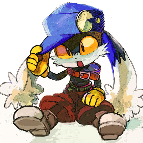 1boy blue_headwear furry furry_male gloves kaeru_touritsu kaze_no_klonoa klonoa on_ground open_mouth pac-man red_shorts shorts simple_background sitting slit_pupils solo white_background yellow_eyes yellow_gloves