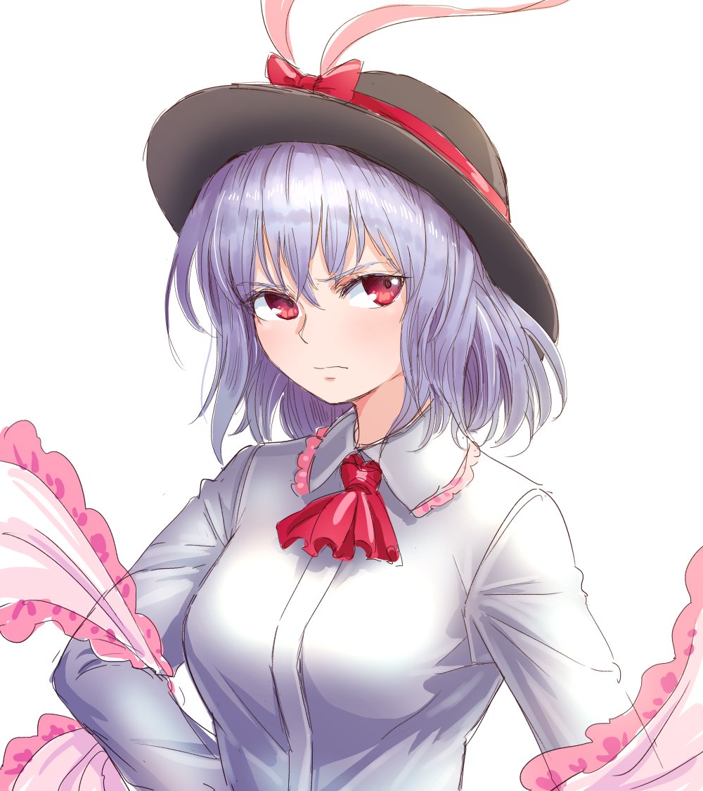 1girl ascot black_headwear bow breasts closed_mouth commentary frilled_shawl frills hat hat_bow long_sleeves looking_at_viewer nagae_iku purple_hair red_ascot red_bow red_eyes s-a-murai shawl short_hair simple_background solo touhou upper_body v-shaped_eyebrows white_background
