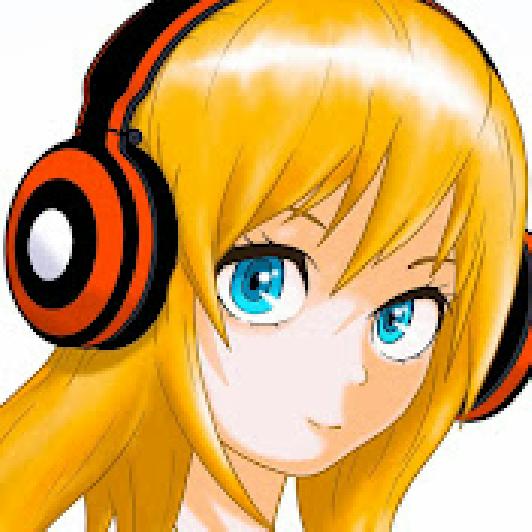 1girl aliasing artist_request blonde_hair blue_eyes character_request close-up closed_mouth copyright_request hair_between_eyes headphones long_hair nightcore_reality non-web_source orange_hair red_headphones simple_background smile source_request upper_body white_background