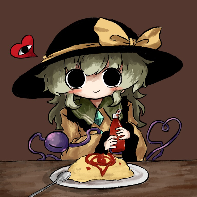 1girl black_eyes black_headwear blouse blush bottle bow buttons closed_mouth diamond_button eyeball frilled_shirt_collar frilled_sleeves frills hat hat_bow hat_ribbon heart heart_of_string heripantomorrow holding holding_bottle ketchup ketchup_bottle komeiji_koishi light_green_hair long_sleeves looking_at_viewer medium_hair plate ribbon shirt simple_background smile solo spoon table third_eye touhou upper_body wavy_hair wide_sleeves wooden_table yellow_bow yellow_ribbon yellow_shirt