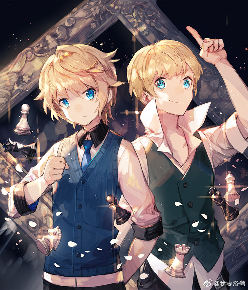 2boys bishop_(chess) blonde_hair blue_eyes blue_vest chess_piece clenched_hand collared_shirt expressionless fate_(series) flat_escardos formal green_eyes green_vest hand_up index_finger_raised king_(chess) knight_(chess) looking_at_viewer lord_el-melloi_ii_case_files male_focus multiple_boys necktie pawn_(chess) petals picture_frame queen_(chess) rook_(chess) scorpion5050 shirt short_hair sleeves_rolled_up smile sparkle svin_glascheit upper_body vest