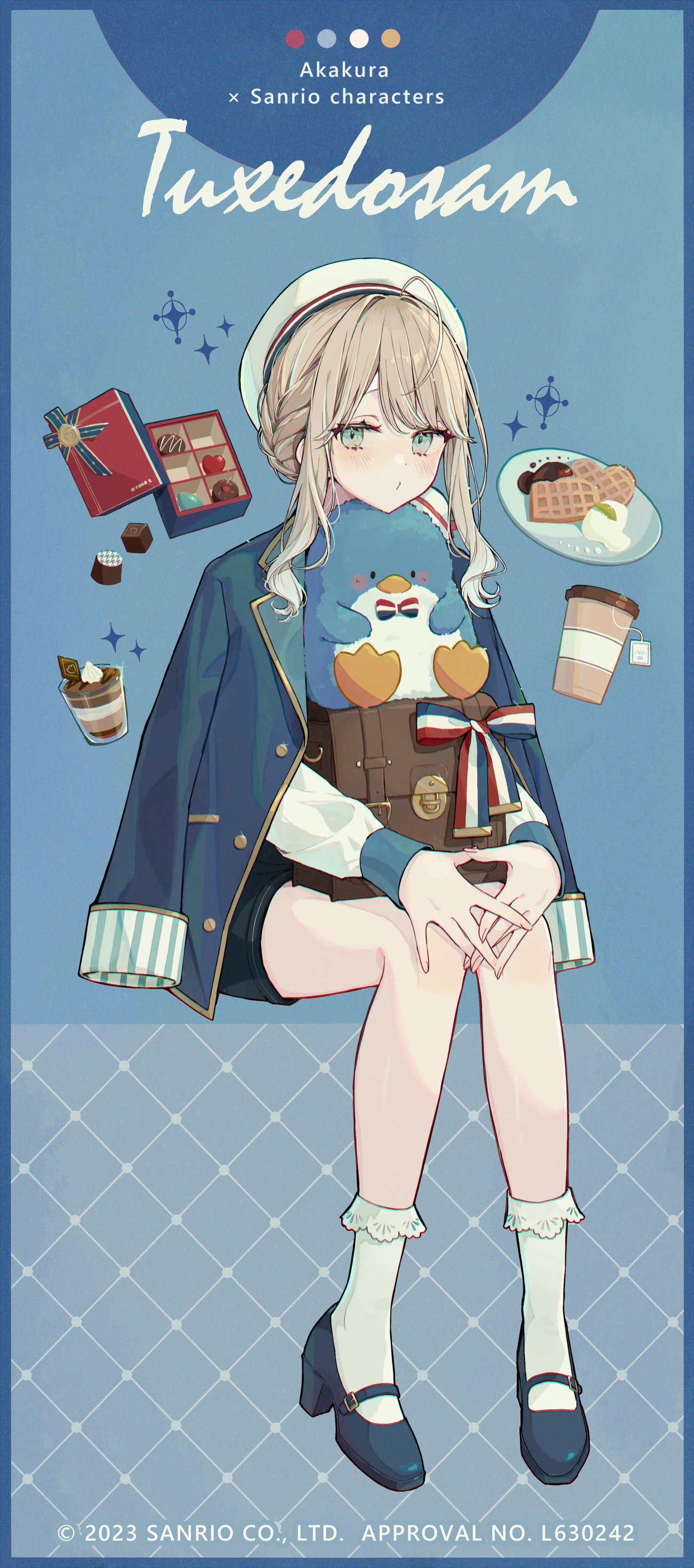 1girl :3 absurdres akakura artist_name bag bird black_footwear black_shorts blue_jacket box box_of_chocolates braid brown_hair character_name chocolate closed_mouth cookie copyright_name cup food french_braid frilled_socks frills full_body green_eyes highres jacket long_sleeves looking_at_viewer mary_janes open_clothes open_jacket own_hands_together penguin ribbon sanrio school_bag shirt shoes shorts sidelocks socks solo stuffed_toy thighs tuxedo_sam white_headwear white_socks
