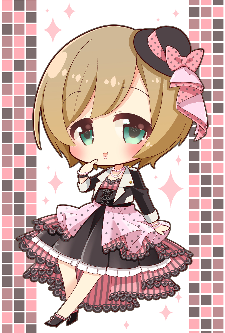 1girl asaba_hiromu black_dress black_jacket blue_eyes bracelet brown_hair checkered_background chibi dress finger_to_mouth hat idolmaster idolmaster_cinderella_girls idolmaster_cinderella_girls_starlight_stage jacket jewelry long_sleeves looking_at_viewer manaka_misato mini_hat necklace open_mouth overskirt pink_background pink_ribbon polka_dot polka_dot_ribbon ribbon short_hair smile solo