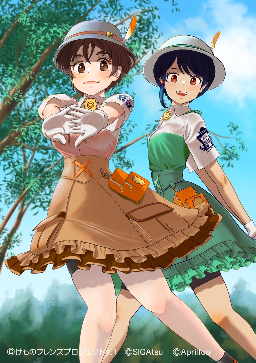 1boy 1girl aburaeoyaji alternate_costume april_fools bike_shorts_under_skirt black_hair blush brown_eyes brown_hair brown_shirt brown_skirt bucket_hat captain_(kemono_friends) collared_shirt crossdressing dual_persona frilled_skirt frills gloves green_shirt green_skirt hat hat_feather helmet high-waist_skirt highres jacket kemono_friends kemono_friends_3 lipstick looking_at_viewer makeup matching_outfit orange_eyes pith_helmet safari_jacket shirt short_hair short_sleeves single_sidelock skirt smile two-tone_shirt uniform white_gloves white_shirt