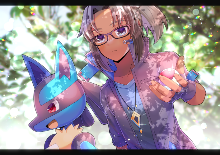1boy :d blue_shirt blurry blurry_background brown-framed_eyewear brown_gloves brown_hair brown_jacket character_request closed_mouth collarbone commentary_request commission day depth_of_field fang fingerless_gloves glasses gloves grey_eyes holding holding_poke_ball indie_virtual_youtuber jacket kou_hiyoyo letterboxed lucario male_focus open_clothes open_jacket outdoors parted_bangs poke_ball poke_ball_(basic) pokemon pokemon_(creature) ponytail profile red_eyes shirt short_sleeves skeb_commission smile upper_body virtual_youtuber