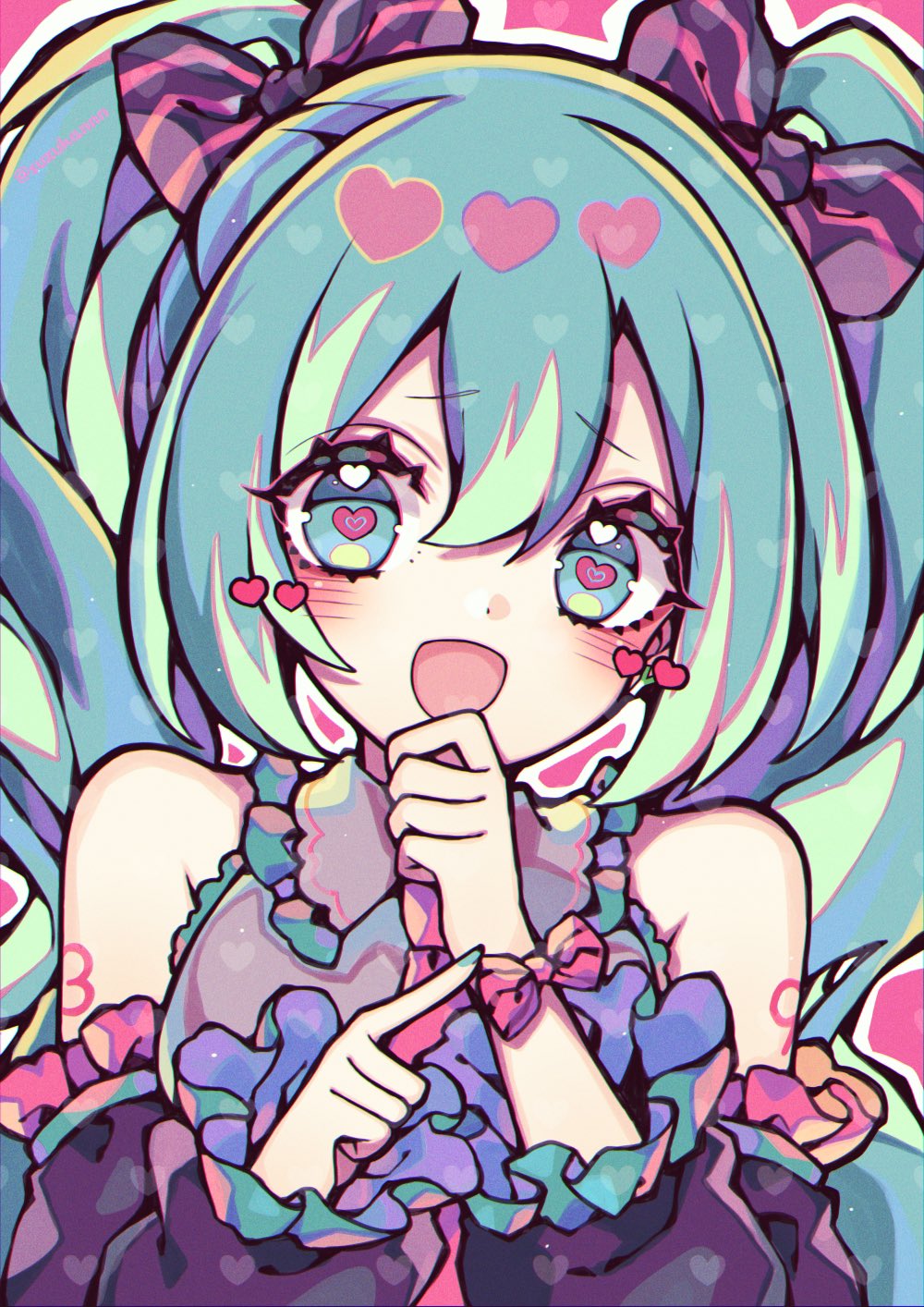 1girl 39 bare_shoulders black_bow blue_eyes blue_hair blue_nails blush bow breasts collared_shirt commentary detached_sleeves eyelashes fingernails frills green_hair grey_shirt hair_between_eyes hair_bow hands_up hatsune_miku heart heart-shaped_pupils heart_in_eye highres index_finger_raised kyouda_suzuka long_fingernails long_hair long_sleeves looking_away medium_breasts miku_day multicolored_hair nail_polish necktie number_tattoo open_mouth pink_background pink_bow pink_necktie puffy_detached_sleeves puffy_long_sleeves puffy_sleeves purple_hair shirt sidelocks simple_background smile solo striped striped_bow symbol-shaped_pupils symbol_in_eye tattoo twintails upper_body vocaloid