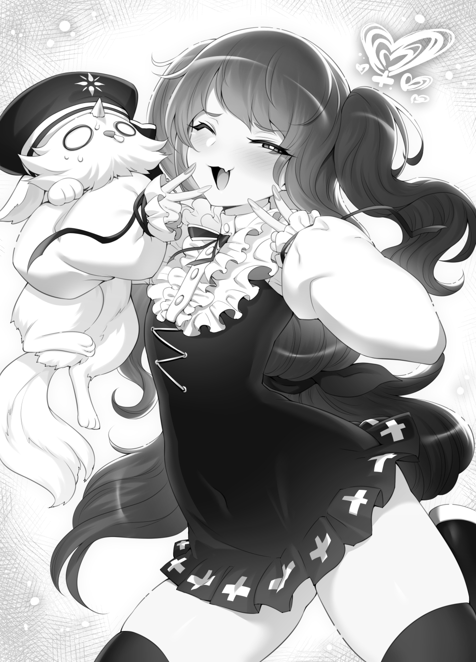 1girl character_request double_v dress fang greyscale highres m-da_s-tarou mesugaki monochrome narrowed_eyes navel novel_illustration official_art one_eye_closed pleated_dress puffy_sleeves tanaka_the_wizard thigh-highs twintails v wavy_hair