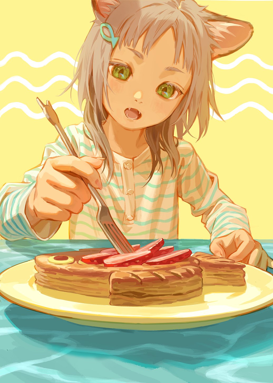 1girl animal_ears buttons cat_ears cat_girl fangs female_child fish_hair_ornament food fork green_eyes grey_hair hair_ornament highres holding holding_fork long_sleeves medium_hair open_mouth original plate shirt solo striped striped_shirt teeth tunapon01 white_shirt yellow_background
