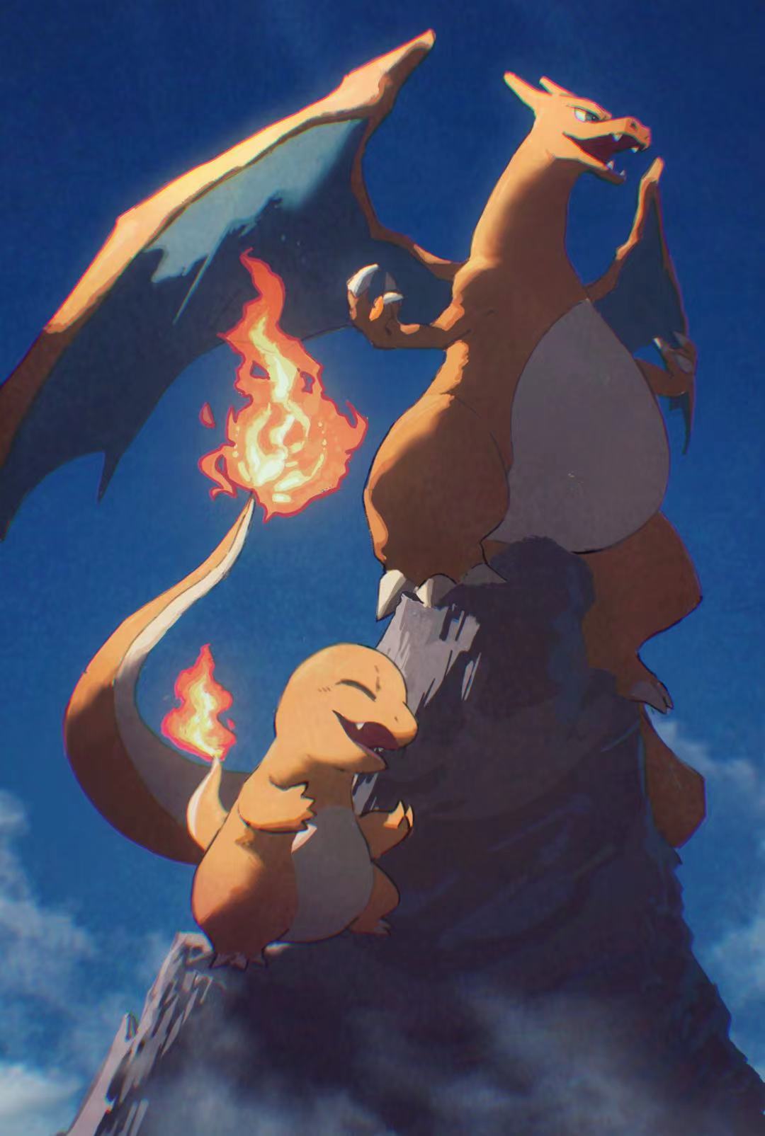 ^_^ arc_draws blue_eyes blue_sky charizard charmander claws closed_eyes clouds commentary_request day fangs fire flame flame-tipped_tail highres looking_away mountain no_humans open_mouth outdoors pokemon pokemon_(creature) sky smile standing teeth v-shaped_eyebrows