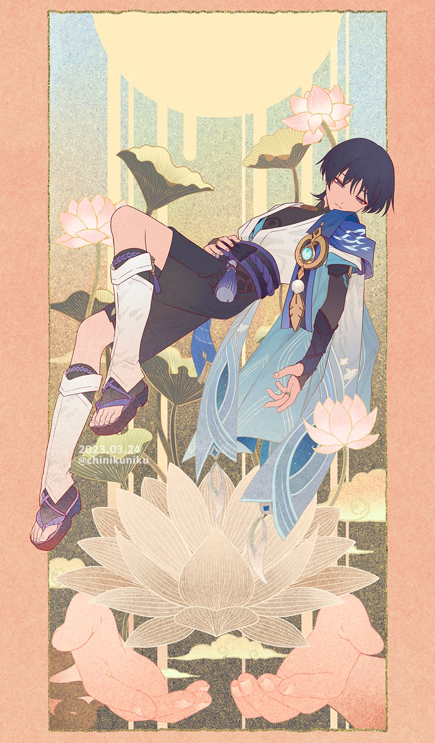 1boy artist_name belt black_belt black_bow black_footwear black_gloves black_shirt black_shorts black_socks blue_cape blue_gemstone blue_sky blunt_ends border bow cape chinikuniku closed_mouth clouds dated eyeshadow fingernails floral_print flower flying gem genshin_impact gloves gold_trim gradient_sky grey_flower hair_between_eyes highres jewelry leaf leg_warmers looking_down makeup male_focus mandarin_collar no_headwear open_clothes open_vest outside_border pink_border pink_flower pom_pom_(clothes) purple_belt purple_hair red_eyeshadow ring sandals scaramouche_(genshin_impact) shirt short_hair shorts sky socks solo sun toenails vest violet_eyes wanderer_(genshin_impact) watermark white_vest yellow_sky