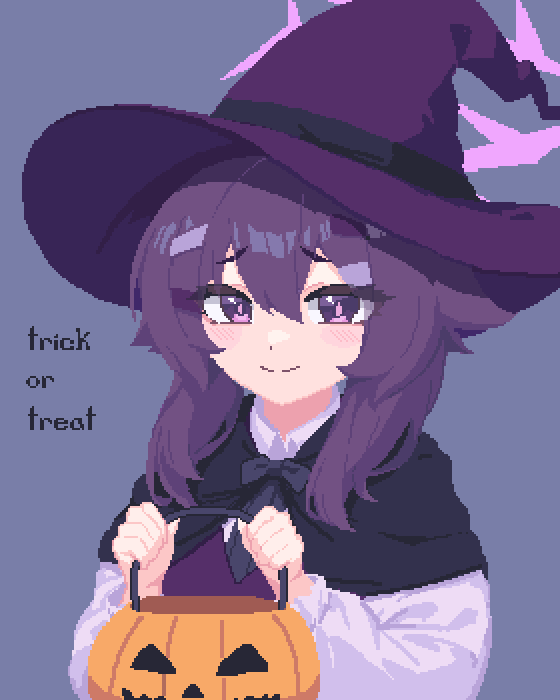 1girl basket black_cape blue_archive blush bsm_(nerdmin) cape closed_mouth commentary hair_between_eyes halloween halloween_costume halo haruka_(blue_archive) hat jack-o'-lantern long_hair long_sleeves pixel_art purple_background purple_hair purple_halo purple_headwear simple_background smile solo trick_or_treat upper_body violet_eyes witch_hat