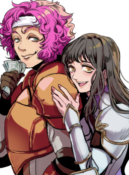 armor astrid_(fire_emblem) black_hair blue_eyes couple fire_emblem fire_emblem:_path_of_radiance hetero holding holding_money hug hug_from_behind looking_at_viewer makalov_(fire_emblem) money open_mouth pink_hair smile tsuko_(25mnts) yellow_eyes