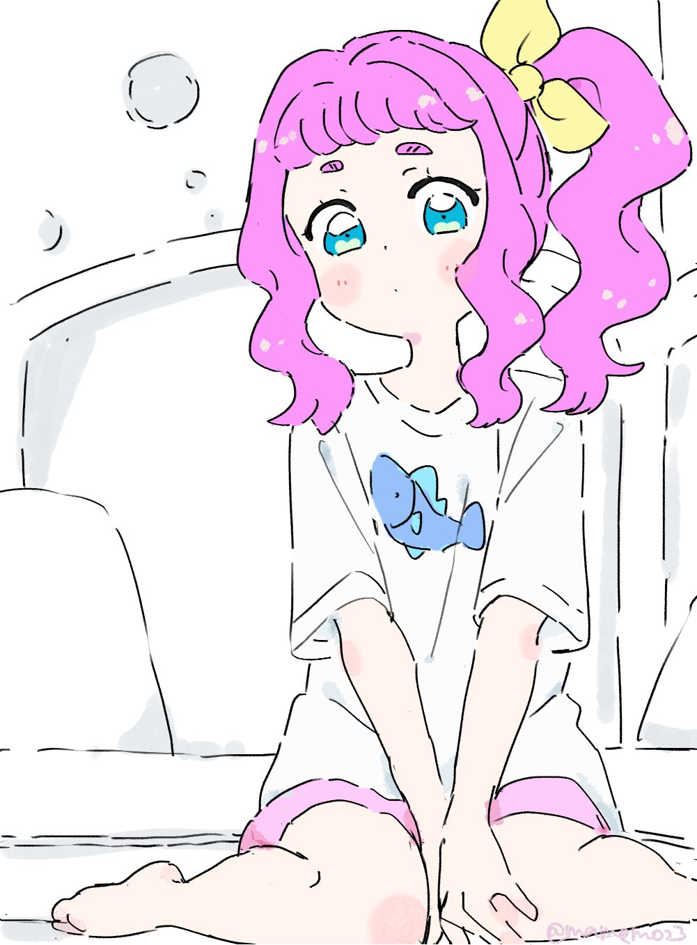 1girl aqua_eyes blush_stickers commentary edamame_(mamemo23) highres laura_la_mer long_hair on_bed pink_hair pink_shorts precure shirt short_bangs shorts side_ponytail sitting solo t-shirt thick_eyebrows tropical-rouge!_precure wariza white_shirt