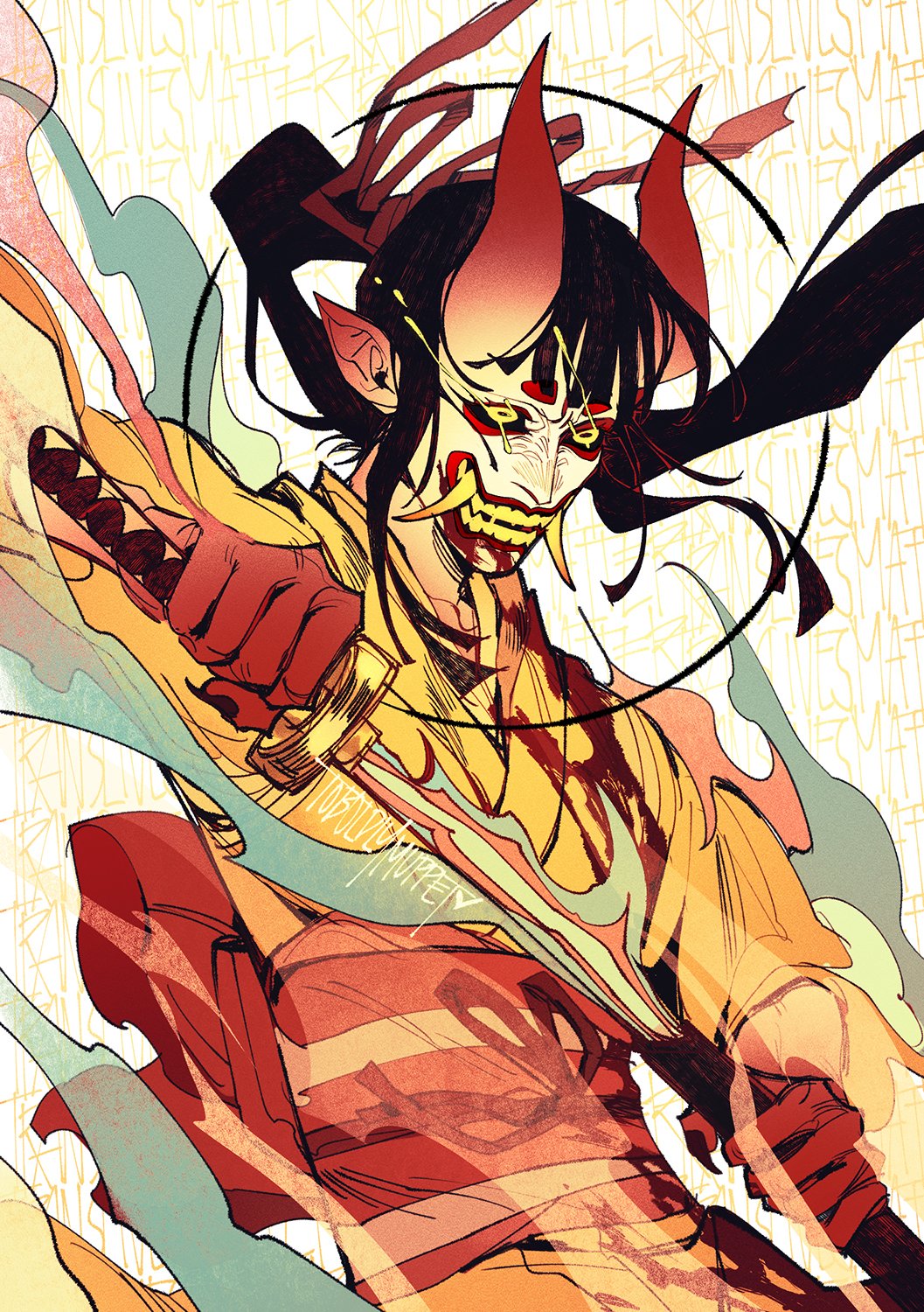 1girl black_hair blood blood_from_mouth blood_on_clothes blood_on_face dust fangs hair_ornament highres horns japanese_clothes katana kikunojo_(one_piece) kimono long_hair mask muppet_(toboldlymuppet) one_piece oni_mask ribbon signature solo sword teardrop tears teeth transgender_flag weapon yellow_kimono