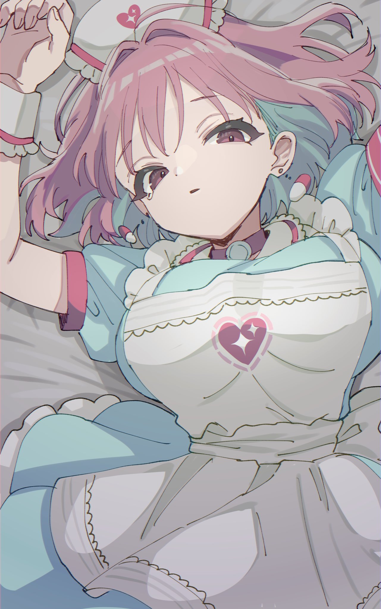 1girl apron aqua_dress aqua_hair bob_cut breasts commentary dress earrings highres huge_breasts idolmaster idolmaster_cinderella_girls idolmaster_cinderella_girls_starlight_stage jewelry looking_at_viewer lying pill_earrings pinafore_dress pink_eyes pink_hair saito_katuo solo symbol-only_commentary tearing_up white_apron yumemi_riamu