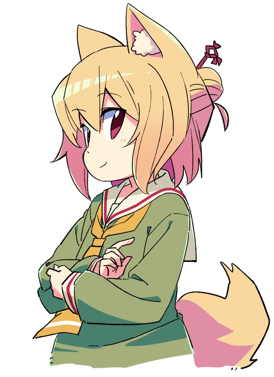 1girl animal_ear_fluff animal_ears blonde_hair blush borrowed_character closed_mouth commentary_request cropped_torso fox_ears fox_girl fox_tail green_shirt hair_between_eyes hair_bun hair_ornament highres kemomimi-chan_(naga_u) long_sleeves necktie orange_necktie original red_eyes roku_no_hito sailor_collar shirt simple_background smile solo tail upper_body white_background white_sailor_collar