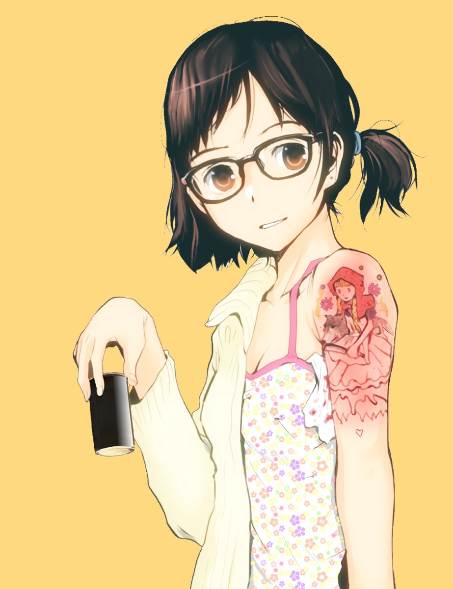 1girl black_hair brown_eyes camisole can cardigan coffee commentary_request glasses hair_tie highres holding holding_can little_red_riding_hood looking_at_viewer one_side_up orange_background original parted_lips redrawn simple_background single_bare_shoulder smile solo tamaoki_benkyou tattoo upper_body