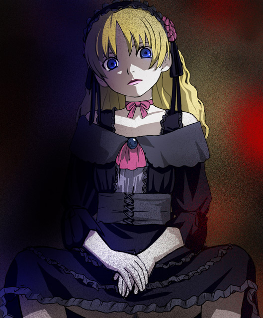 1girl black_background black_dress black_hairband blonde_hair blue_eyes closed_mouth cossette_d'auvergne cossette_no_shouzou curtains dress flower frilled_hairband frills gothic gothic_lolita hair_flower hair_ornament hairband haruyama_kazunori lolita_fashion lolita_hairband long_hair looking_at_viewer neck_ribbon red_flower red_footwear red_ribbon red_rose ribbon rose simple_background sitting skirt solo