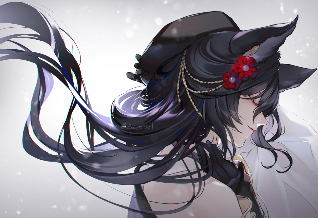 1girl adjusting_clothes adjusting_headwear animal_ears azalea4 bare_shoulders black_gloves black_hair closed_eyes closed_mouth flower from_side gloves granblue_fantasy hair_flower hair_ornament ilsa_(granblue_fantasy) long_hair red_flower simple_background smile solo