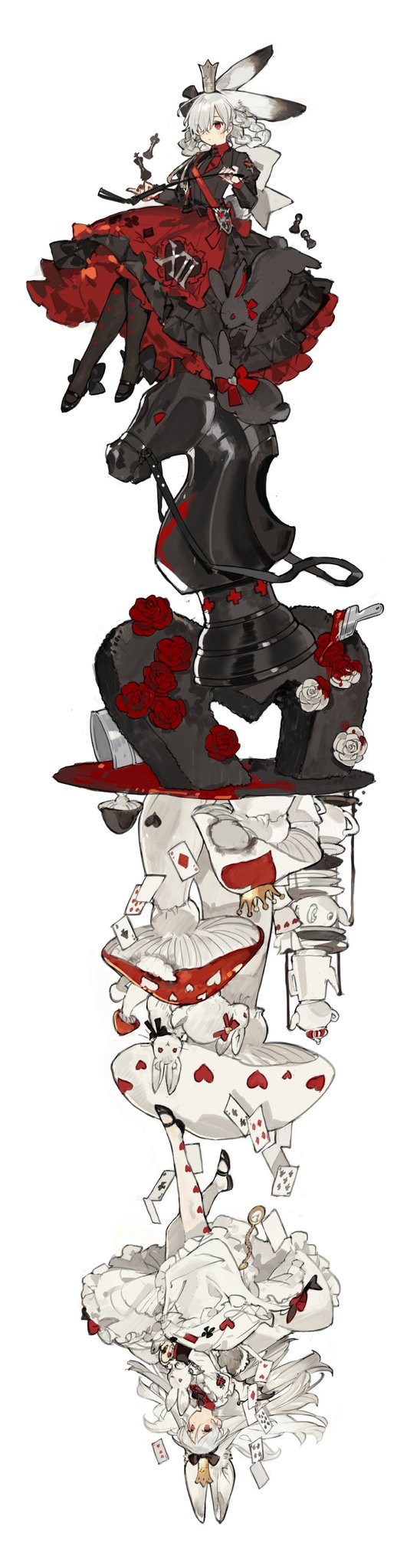 alice_in_wonderland animal_ears black_bow black_dress black_footwear black_headwear black_necktie black_rabbit_(animal) blush bow braid card chess_piece clock closed_mouth club_(shape) crown cup demon_wings diamond_(shape) dress floating flower hair_bow hands_up headband heart highres holding holding_rabbit holding_whip king_(chess) knight_(chess) long_hair long_sleeves looking_ahead looking_to_the_side medium_hair mushroom necktie pawn_(chess) plate playing_card pocket_watch rabbit rabbit_ears rabbit_girl rabbit_tail red_bow red_eyes red_flower red_rose rose shoes sitting spade_(shape) spill starshadowmagician tail teapot watch whip white_bow white_dress white_flower white_hair white_rabbit_(animal) white_rose white_wings wings