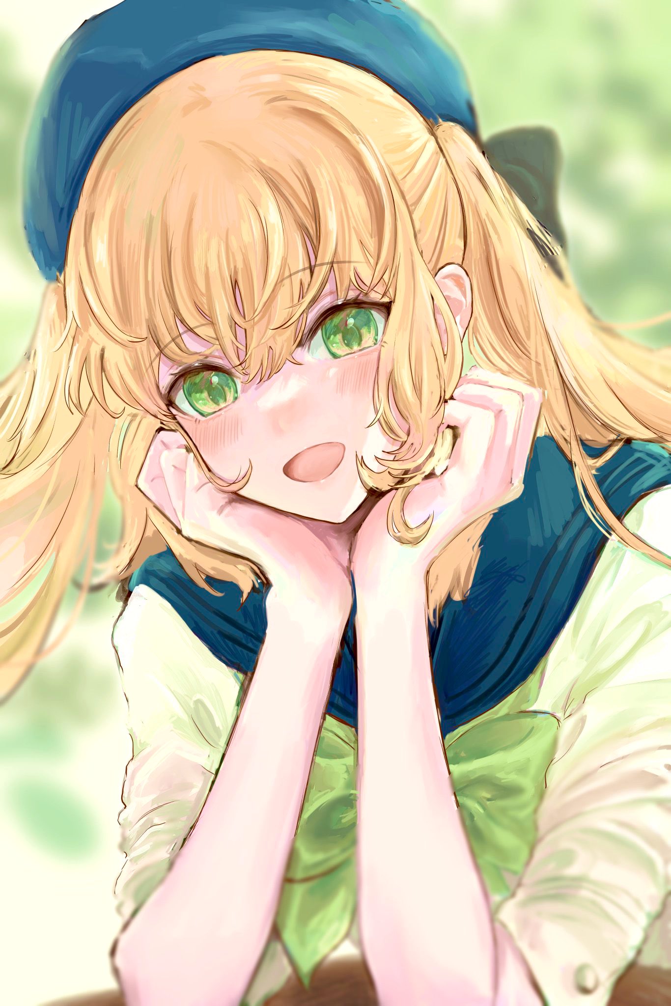 1girl alternate_costume anri_(x_anri_x) artoria_caster_(fate) artoria_pendragon_(fate) beret blonde_hair blue_capelet blue_headwear blush capelet elbows_on_table fate/grand_order fate_(series) green_eyes hands_on_own_cheeks hands_on_own_face hat head_rest highres long_hair looking_at_viewer open_mouth shirt sidelocks solo upper_body white_shirt