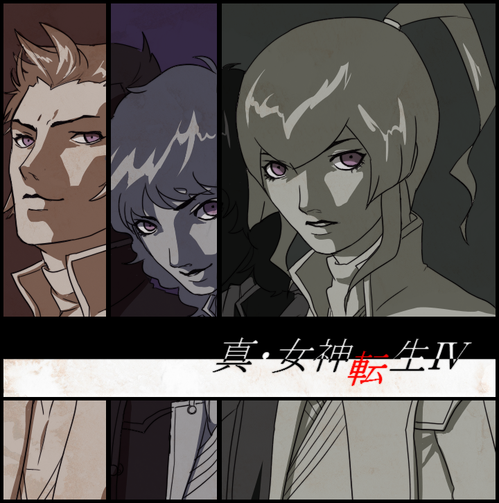 3boys artist_request black_hair bowl_cut brown_hair coat curly_hair flynn_(smt4) jonathan_(smt) kazuma_kaneko_(style) long_hair looking_at_viewer male_focus multiple_boys non-web_source parody pink_eyes ponytail samurai shin_megami_tensei shin_megami_tensei_i shin_megami_tensei_iv short_hair smile style_parody walter_(smt)