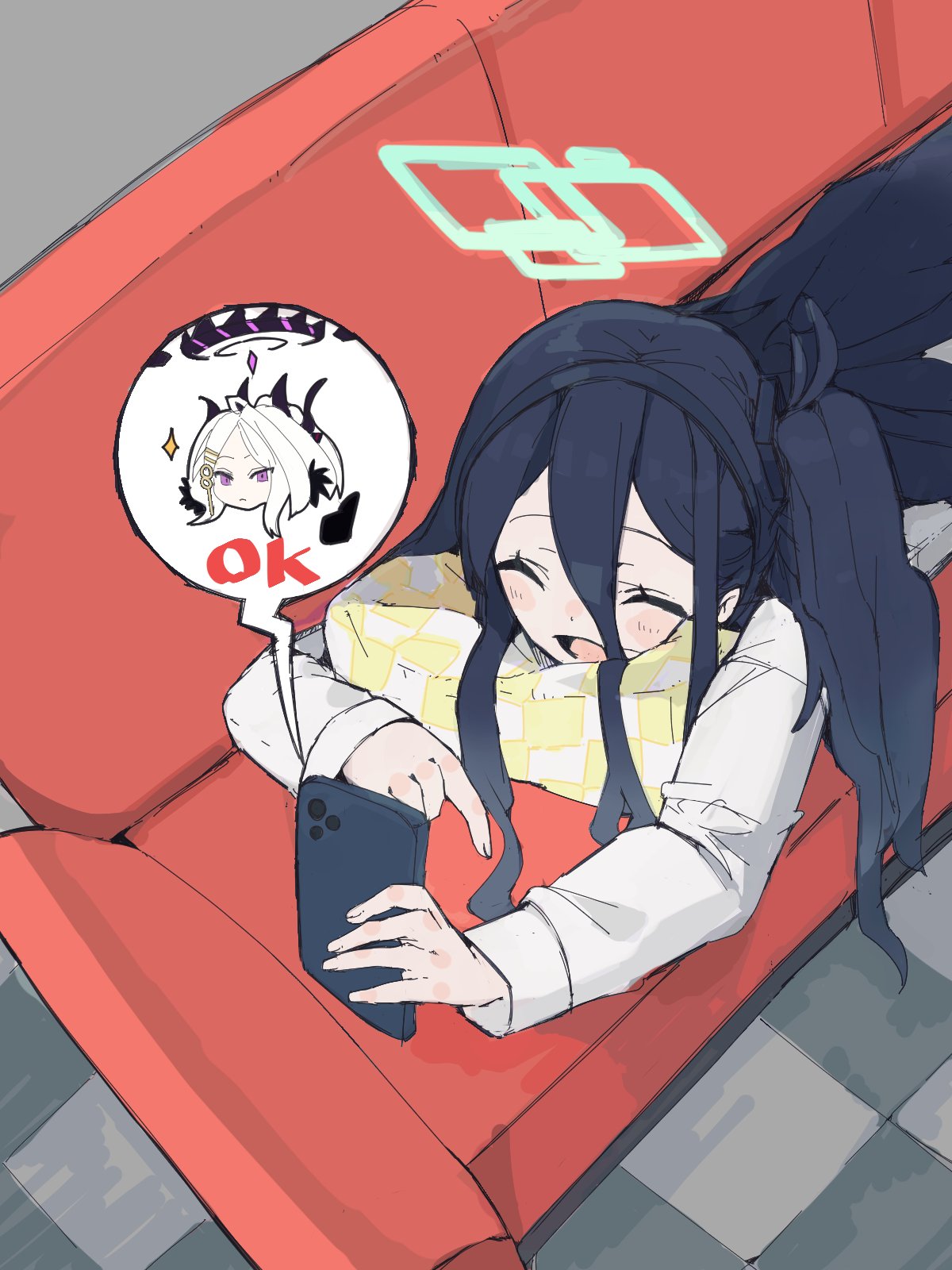 1girl aris_(blue_archive) black_hair black_hairband black_horns blue_archive blush blush_stickers cellphone closed_eyes couch hair_between_eyes hairband halo highres hina_(blue_archive) holding holding_phone horns long_hair long_sleeves lying on_stomach one_side_up open_mouth phone pillow punipuni123 shirt smartphone solo speech_bubble spoken_character violet_eyes white_hair white_shirt