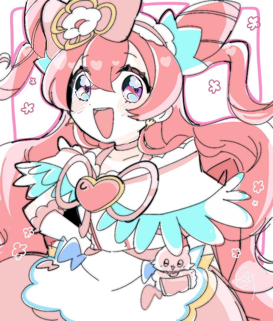 1girl apron bow choker commentary cone_hair_bun cure_precious delicious_party_precure earrings hair_bow hair_bun hand_on_own_hip jewelry kome-kome_(precure) long_hair magical_girl nagomi_yui pink_choker pink_eyes pink_hair precure solo tmur2022 two_side_up very_long_hair