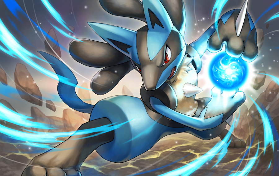 debris energy_ball fighting_stance incoming_attack kemonomichi_(blue_black) lucario no_humans on_ground open_mouth pokemon pokemon_(creature) powering_up red_eyes rock standing v-shaped_eyebrows
