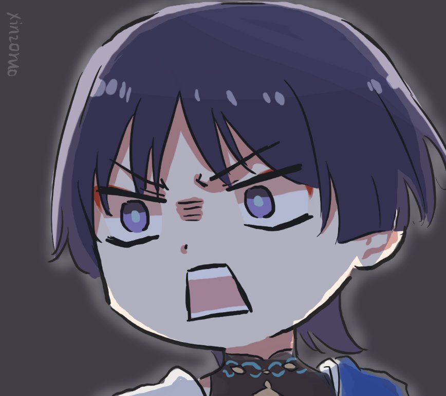 1boy angry artist_name black_background blue_pupils blunt_ends close-up genshin_impact open_mouth purple_hair scaramouche_(genshin_impact) short_hair simple_background solo teeth v-shaped_eyebrows violet_eyes wanderer_(genshin_impact) xinzoruo