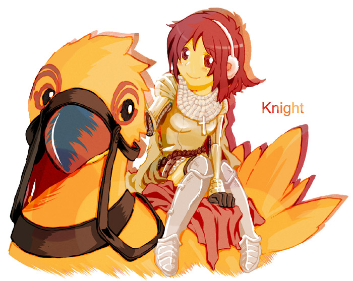 1girl animal armor armored_boots blush boots breastplate brown_cape cape chainmail character_name closed_mouth commentary_request cross earmuffs full_body gauntlets knight_(ragnarok_online) looking_at_viewer medium_bangs minorigo_flow oversized_animal pauldrons peco_peco ragnarok_online red_eyes redhead reins riding_bird shoulder_armor simple_background sitting smile white_background