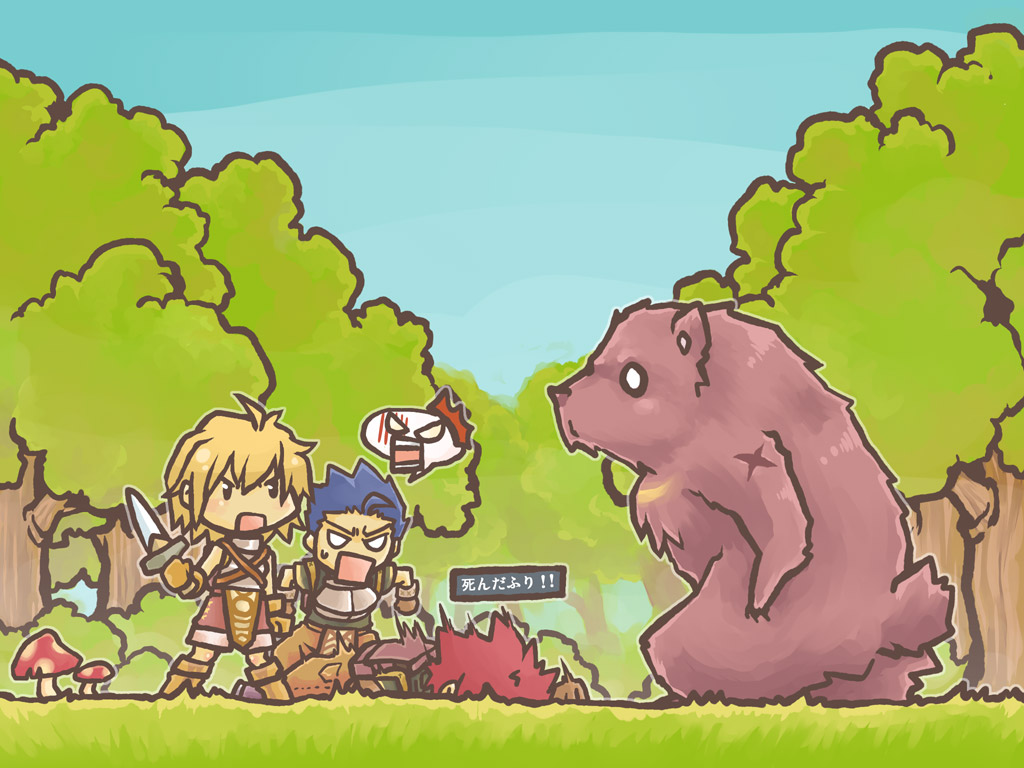 1girl 2boys angry bear bigfoot_(ragnarok_online) blonde_hair blue_hair blue_sky boots brown_footwear brown_gloves brown_shorts chibi commentary_request dagger faceplant forest full_body gloves holding holding_dagger holding_knife holding_weapon knife long_bangs looking_at_another minorigo_flow multiple_boys mushroom nature novice_(ragnarok_online) open_mouth outdoors ragnarok_online redhead short_hair shorts sky translation_request tree weapon