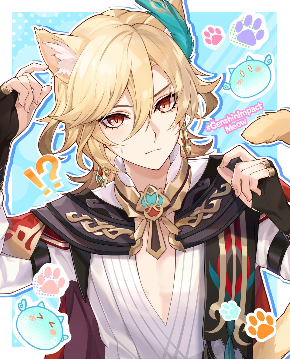 !? &gt;_&lt; 1boy animal_ear_fluff animal_ears black_gloves blonde_hair blue_background blush blush_stickers border cape cat_boy cat_ears cat_tail closed_mouth commentary_request earrings eyelashes feather_hair_ornament feathers fingerless_gloves genshin_impact gloves gold_trim hair_between_eyes hair_ornament hands_up hashtag jewelry kanengomi kaveh_(genshin_impact) long_hair long_sleeves looking_at_viewer male_focus necklace outline outside_border parted_bangs paw_pose paw_print red_cape red_eyes shirt simple_background slime_(genshin_impact) split_mouth sweatdrop tail tassel upper_body white_border white_outline white_shirt