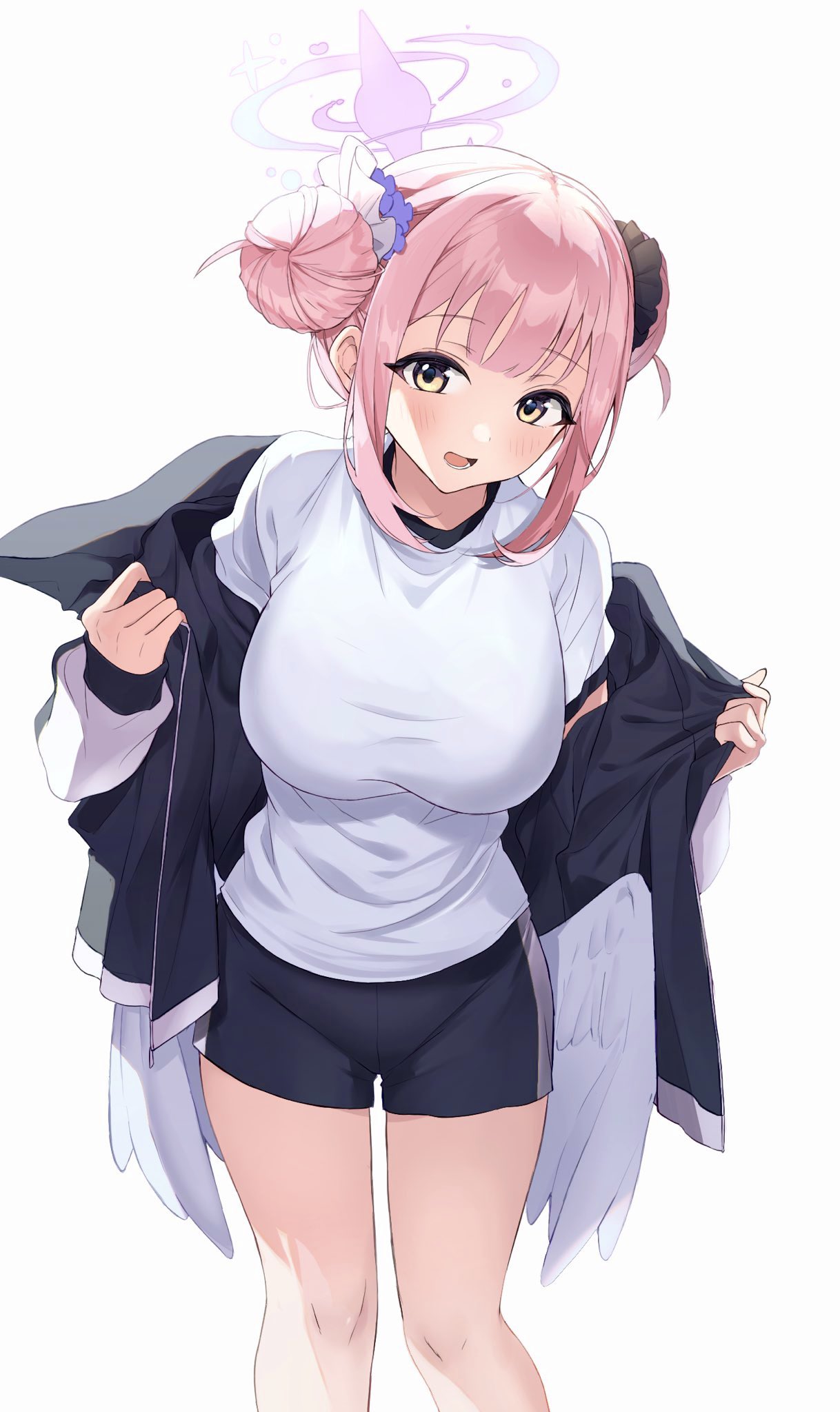 1girl alternate_costume angel_wings black_jacket black_scrunchie black_shorts blue_archive blush breasts cropped_legs double_bun flower gawa1517025 gym_shirt gym_shorts gym_uniform hair_bun hair_flower hair_ornament hair_scrunchie halo highres jacket large_breasts looking_at_viewer low_wings mika_(blue_archive) multicolored_clothes multicolored_jacket open_clothes open_jacket open_mouth pink_hair purple_flower scrunchie shirt short_shorts shorts simple_background solo two-tone_jacket white_background white_jacket white_scrunchie white_shirt white_wings wings yellow_eyes
