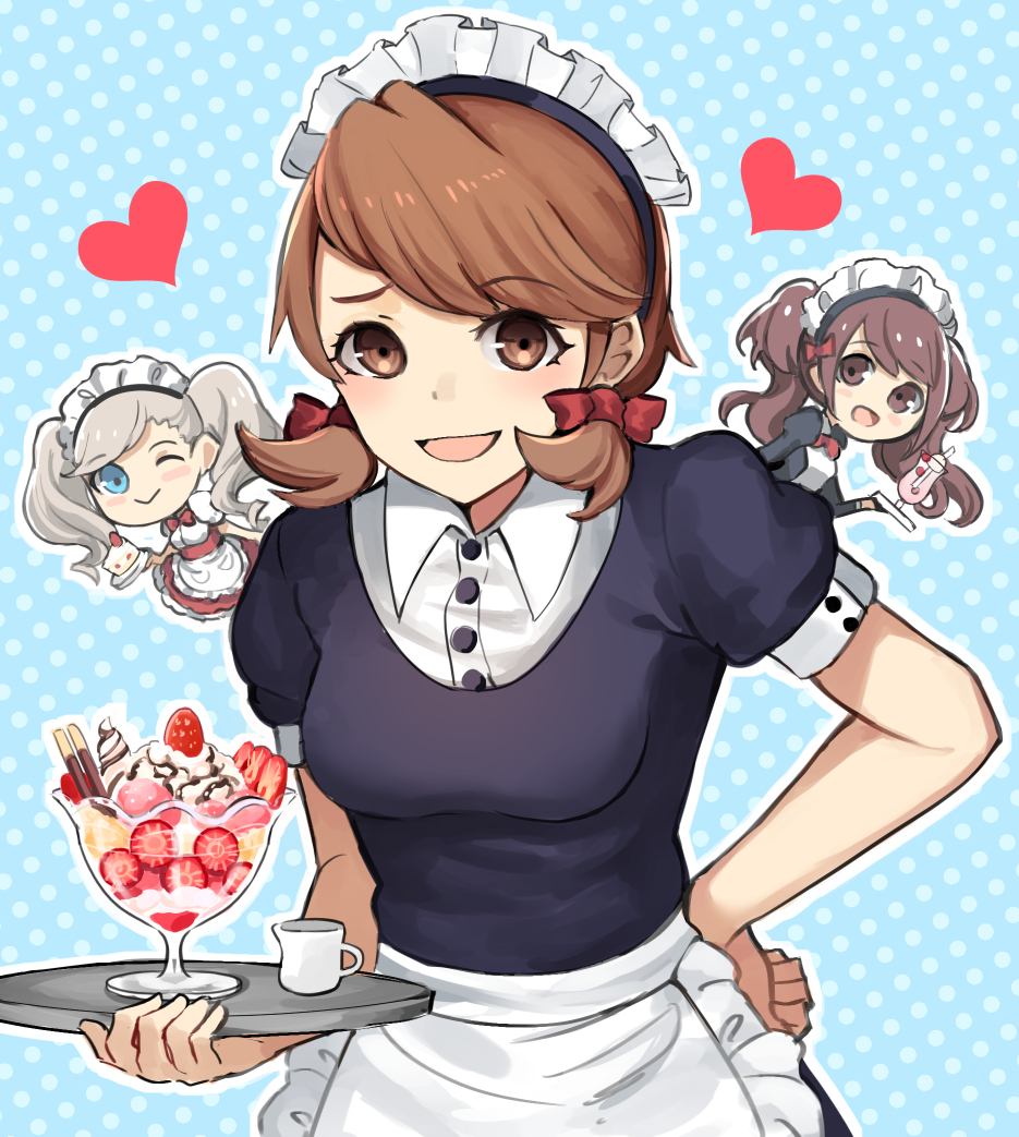 3girls :d alternate_costume apron black_dress blue_background blue_eyes blush blush_stickers bow breasts brown_eyes brown_hair chibi closed_mouth commentary company_connection crossover dress english_commentary enmaided frilled_apron frills furrowed_brow hair_bow hand_on_own_hip heart holding holding_tray kujikawa_rise kuki_tan long_hair looking_at_viewer low_twintails maid maid_apron maid_headdress medium_breasts medium_hair multiple_girls one_eye_closed open_mouth persona persona_3 persona_4 persona_5 polka_dot polka_dot_background puffy_short_sleeves puffy_sleeves red_bow short_sleeves short_twintails smile solo solo_focus strawberry_parfait swept_bangs takamaki_anne takeba_yukari trait_connection tray twintails upper_body wavy_hair white_apron