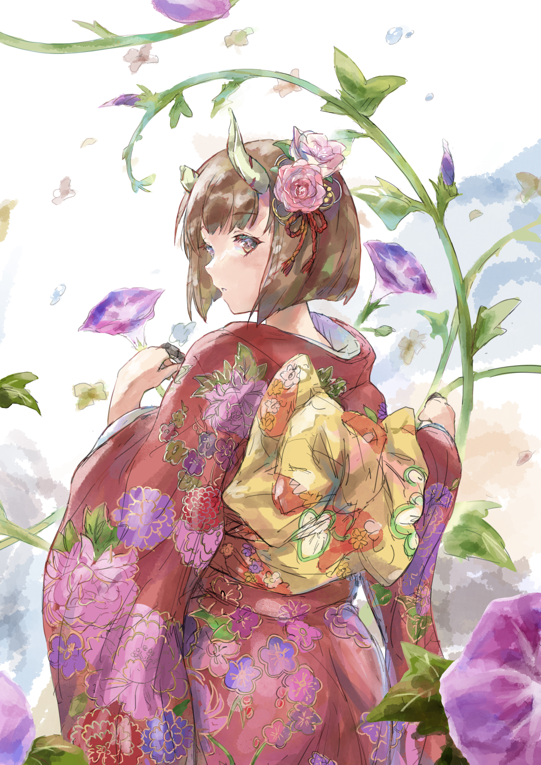+_+ 1girl bob_cut brown_hair claw_ring commentary_request demon_girl demon_horns eriko_(princess_connect!) floral_print flower hair_flower hair_ornament highres horns inverted_bob japanese_clothes kimono looking_at_viewer looking_back matsukura_nemu pink_flower pink_rose princess_connect! print_kimono rose solo symbol-shaped_pupils violet_eyes