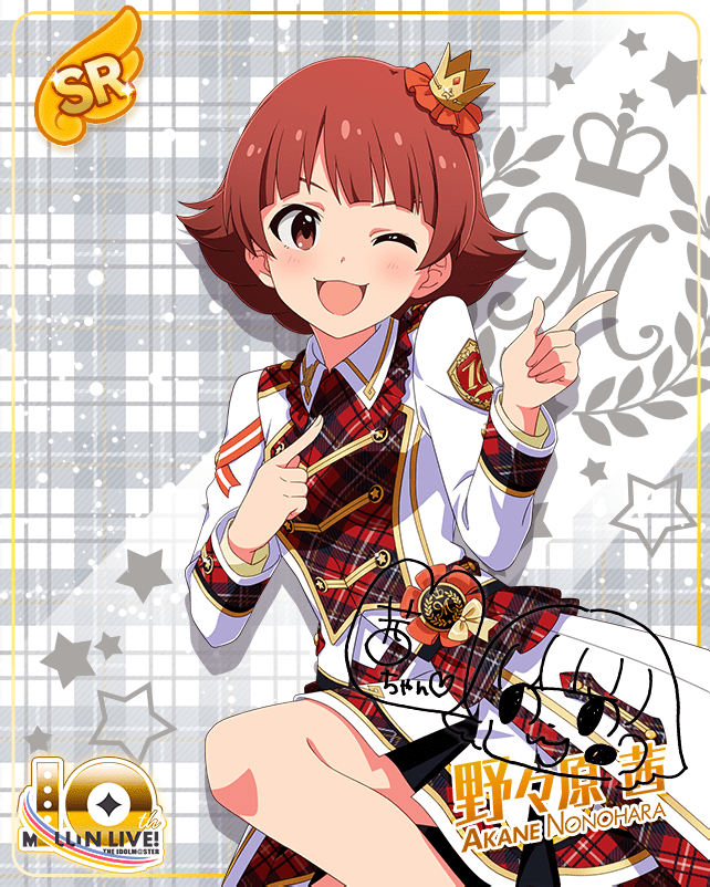 blush character_name dress idolmaster_million_live!_theater_days nonohara_akane red_eyes redhead short_hair smile wink