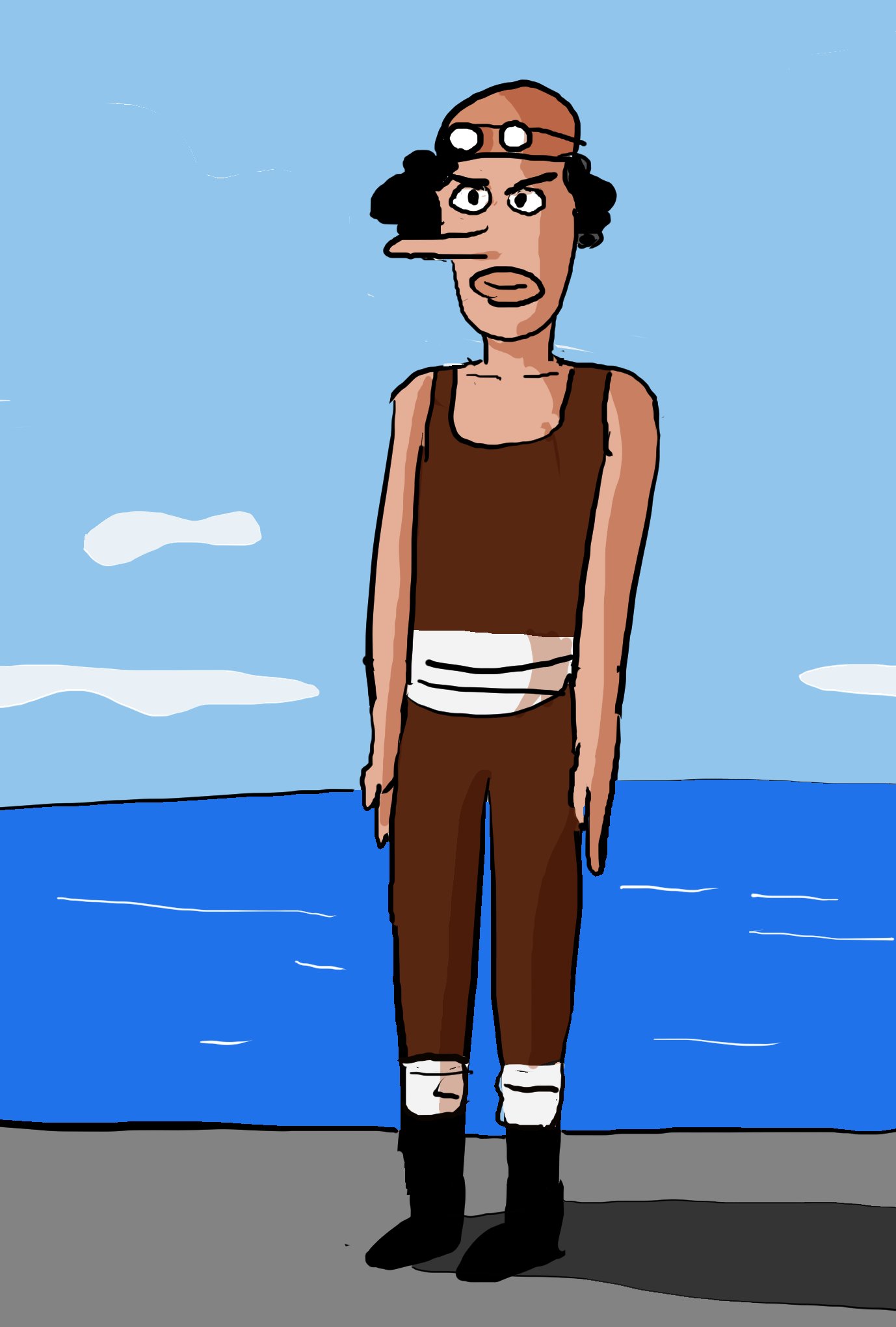 1boy afro april_fools arms_at_sides beanie black_eyes black_footwear black_hair blue_sky boots brown_pants brown_tank_top clouds collarbone full_body goggles goggles_on_head hat highres long_nose looking_at_viewer ocean one_piece outdoors pants sash sattou serious sky solo standing tank_top thick_lips usopp v-shaped_eyebrows white_sash