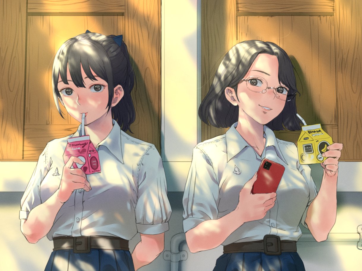 2girls bendy_straw black_hair blue_bow blue_skirt bow breasts cellphone collared_shirt commentary_request dress_shirt drinking_straw forehead glasses hair_bow holding holding_phone looking_at_viewer multiple_girls original parted_bangs parted_lips phone pleated_skirt ponytail rungsak_sontayanont shirt short_sleeves skirt small_breasts smile thai_commentary upper_body white_shirt
