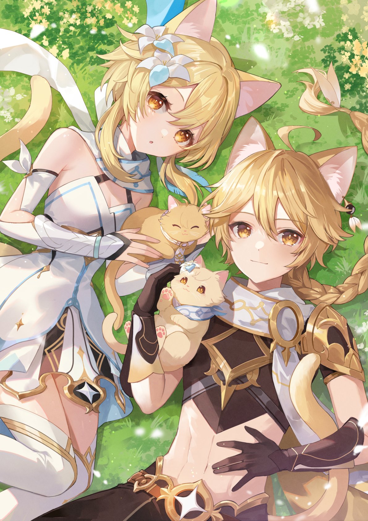 1boy 1girl aether_(genshin_impact) ahoge animal animal_ear_fluff animal_ears bare_shoulders blonde_hair boots braid breasts brother_and_sister brown_gloves brown_pants brown_shirt cat cat_boy cat_ears cat_girl cat_tail closed_eyes closed_mouth detached_sleeves dress earrings feather_hair_ornament feathers flower genshin_impact gloves grass hair_between_eyes hair_flower hair_ornament hand_on_own_stomach hand_up hands_up highres jewelry long_hair long_sleeves looking_at_viewer looking_up lumine_(genshin_impact) lying medium_breasts navel nima_(niru54) on_back on_side open_mouth orange_eyes pants petals ribbon scarf shadow shirt short_hair short_hair_with_long_locks short_sleeves siblings sidelocks single_earring smile star_(symbol) star_print tail white_dress white_flower white_footwear white_ribbon white_scarf yellow_eyes yellow_flower yellow_fur