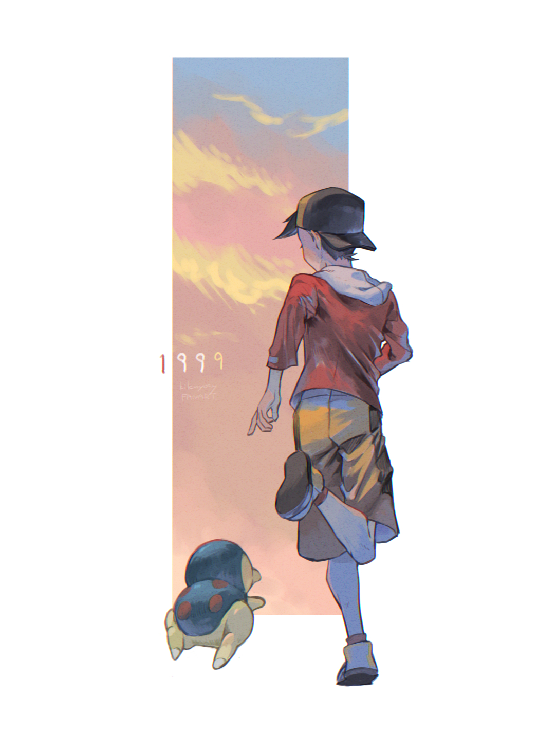1boy black_hair black_headwear clouds commentary cyndaquil ethan_(pokemon) from_behind hat highres jacket kikuyoshi_(tracco) knees leg_up male_focus pokemon pokemon_(creature) pokemon_(game) pokemon_gsc red_jacket running shoes short_hair shorts sky standing standing_on_one_leg twilight yellow_shorts