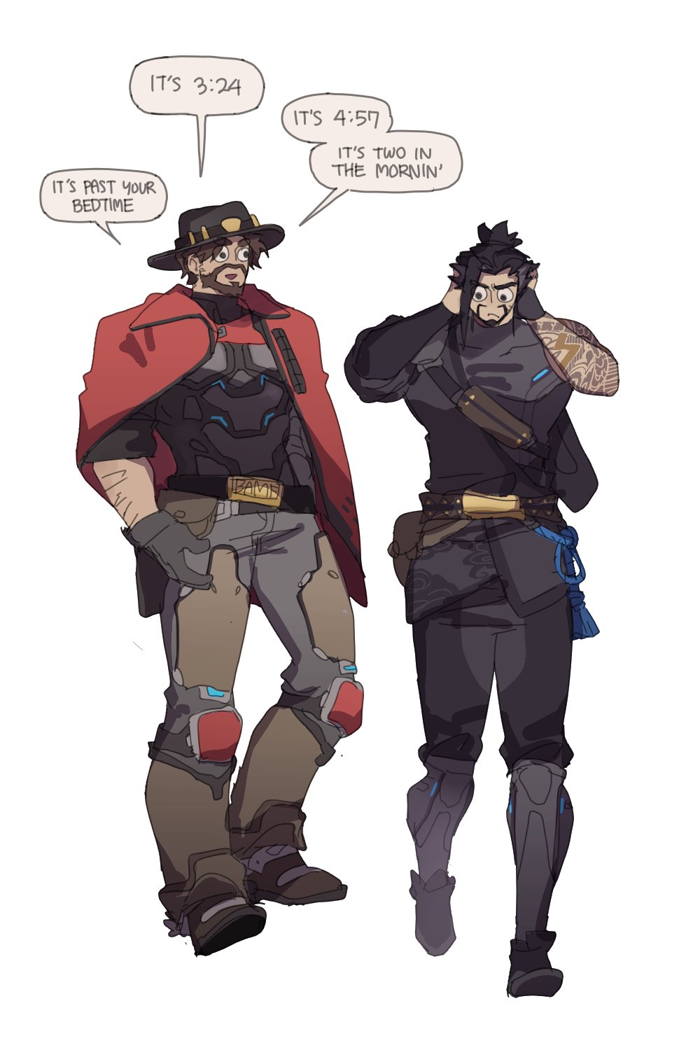 2boys arm_hair arm_tattoo beard belt black_hair brown_hair cassidy_(overwatch) cowboy english_text facial_hair fingerless_gloves full_body gloves googly_eyes hand_on_own_ear hanzo_(overwatch) hat highres looking_at_another multiple_boys overwatch overwatch_1 overwatch_2 ow_mmm short_hair single_glove single_sleeve speech_bubble standing tattoo v-shaped_eyebrows